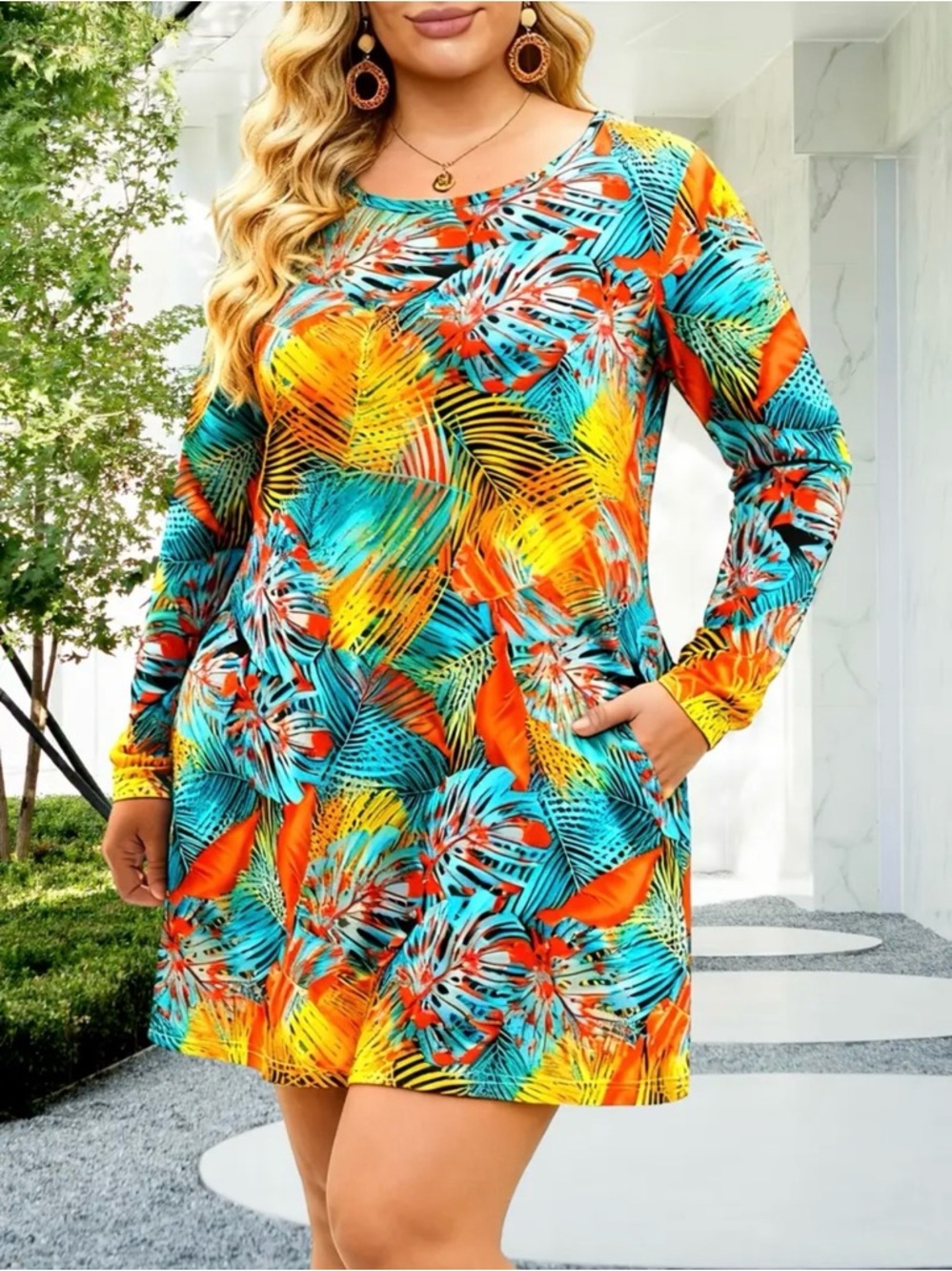 Colorful Tropical Print Long Sleeve Dress Pockets M